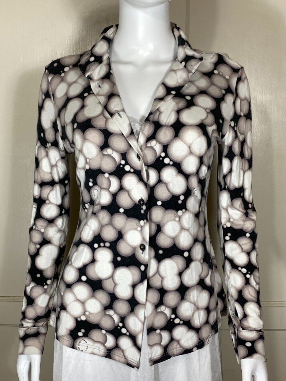Vintage FENDI Jeans Italy Abstract Bubble Print Logo Stretch Button Shirt 44 M